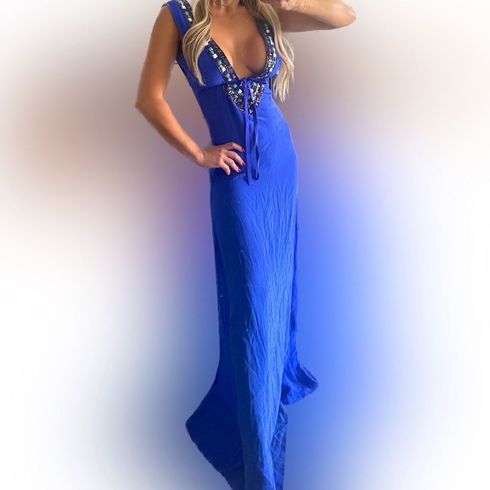 KARINA GRIMALDI BLUE BEADED MAXI DRESS- size s